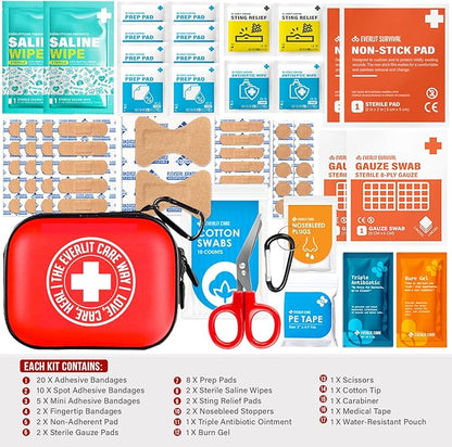 EVERLIT CARE MiniAid First Aid Kit | Compact & Lightweight Case with Carabiners for Travel | Family & Kid Friendly 180 Pcs Wound Care Supplies for School, Work, Outdoor, Home & Office | Pack of 3