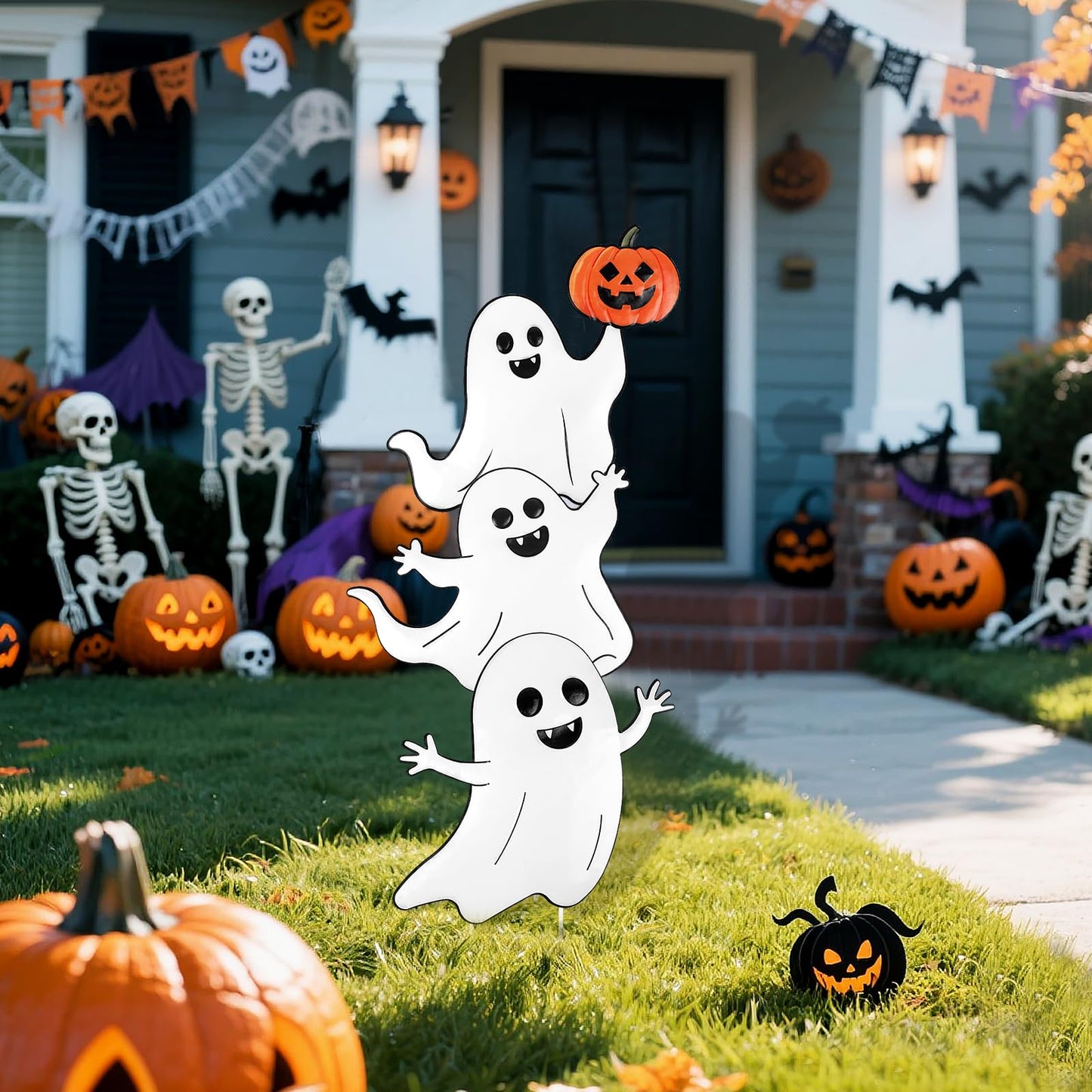 TaoQ C Halloween Ghost Yard Signs Metal Ghost Yard Sign with Pumpkin Halloween Metal Garden Stakes for Outdoor Garden Lawn Patio Pathway Horror Party Decorations