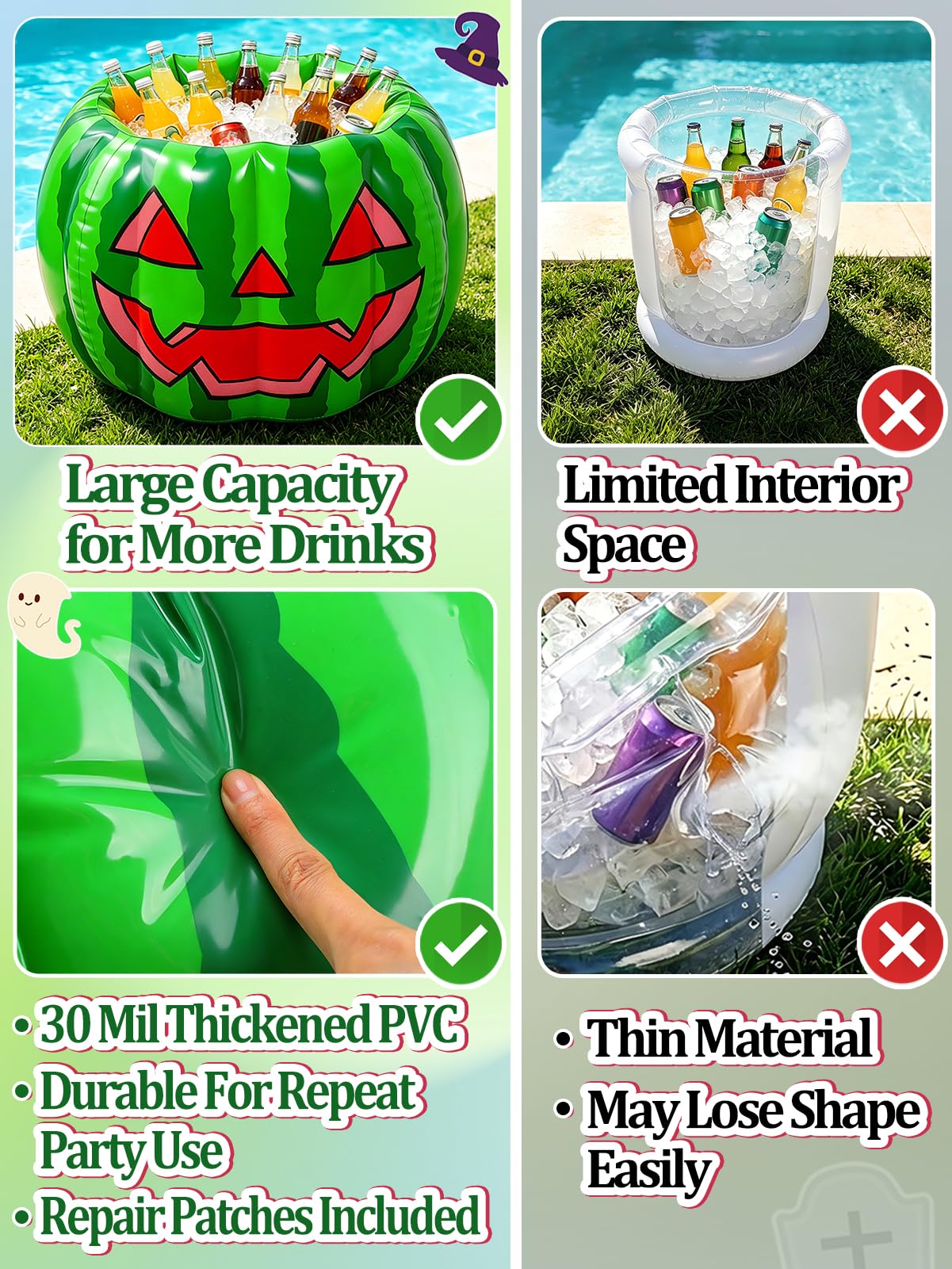 Cosweet Summer Halloween Inflatable Watermelon Cooler for Pool Party - 30" x 20" Large Spooky Blow Up Beverage Drink Cooler Ice Bucket with Drain Plug for Patio Yard Decor