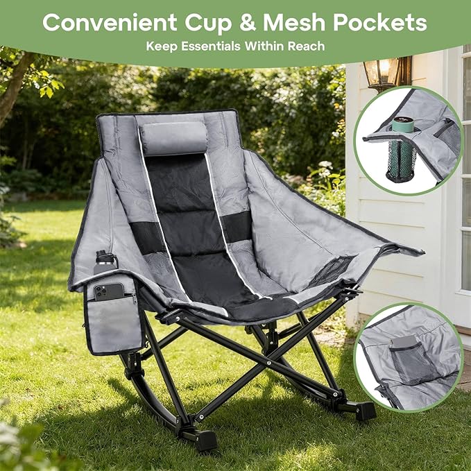 Suteck Oversized Rocking Camping Chair, Thick Padded Folding Rocking Chair