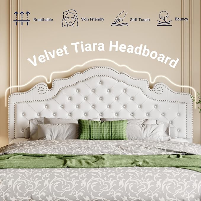 Allewie King Bed Frame with Adjustable Velvet Tiara Headboard, Upholstered