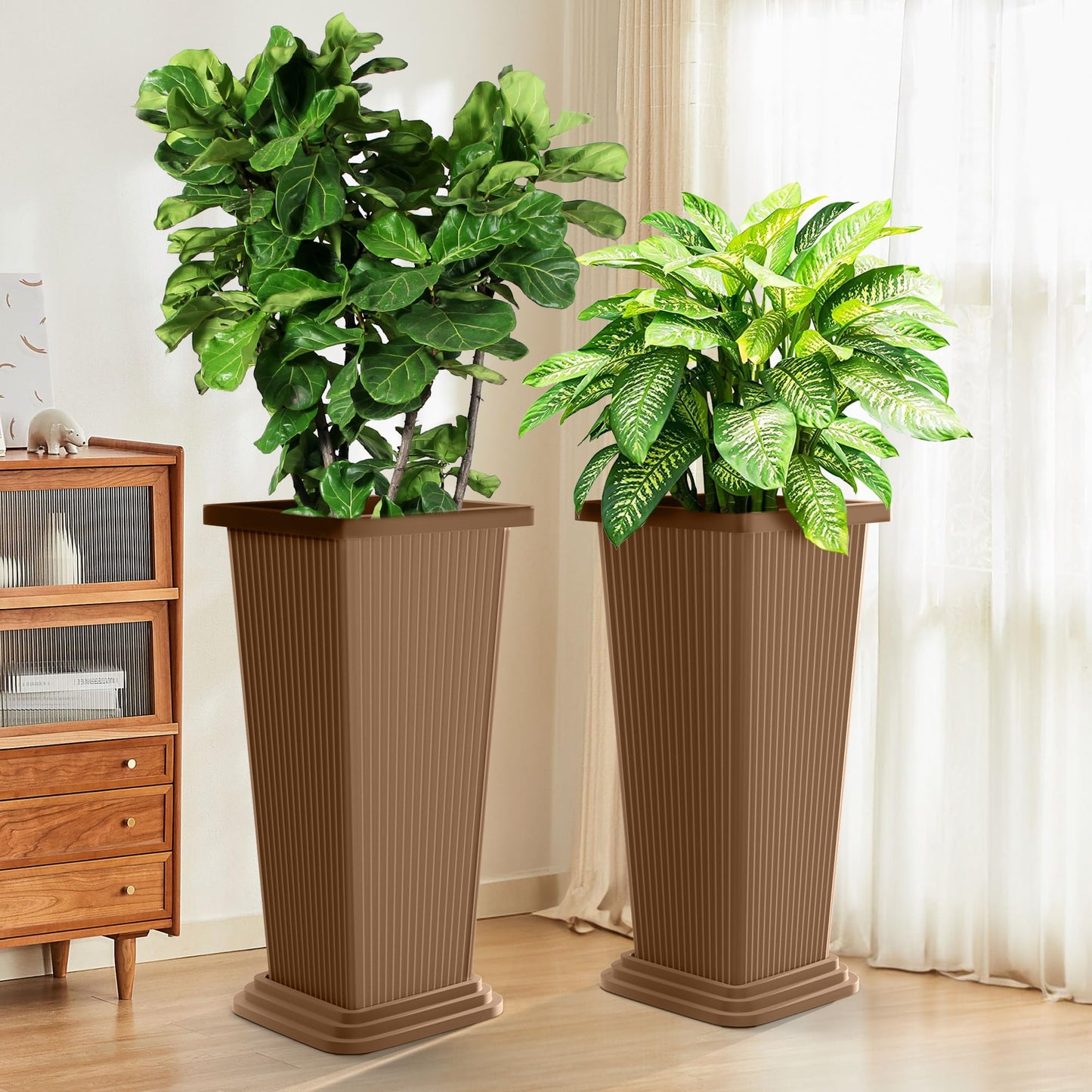 TUYOHW Set of 2 Tall Planters, 24" Large Indoor Outdoor Flower Pots with Tray, Modern Tapered Planters for Porch, Patio, Garden, Backyard