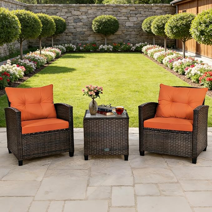 COSTWAY 3PCS Patio Furniture Set, PE Rattan Wicker Sofa w/Washable Cushion and