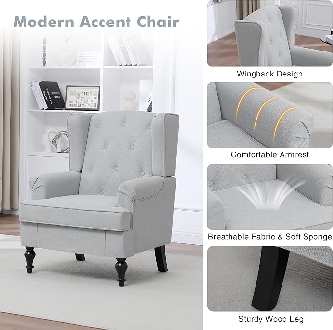 Accent Chair Set of 2, Mid Century Modern Fabric Wingback Chair, Upholstered