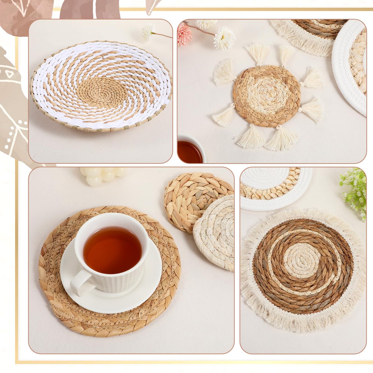 9 Pack Boho Wall Basket Decor, Seagrass Rattan Woven Wall Basket Decoration, Wicker Boho Walls Decor, Round Handmade Bohemian Hanging Baskets for Farmhouse, Living Room, Display Table Setting, Kitchen