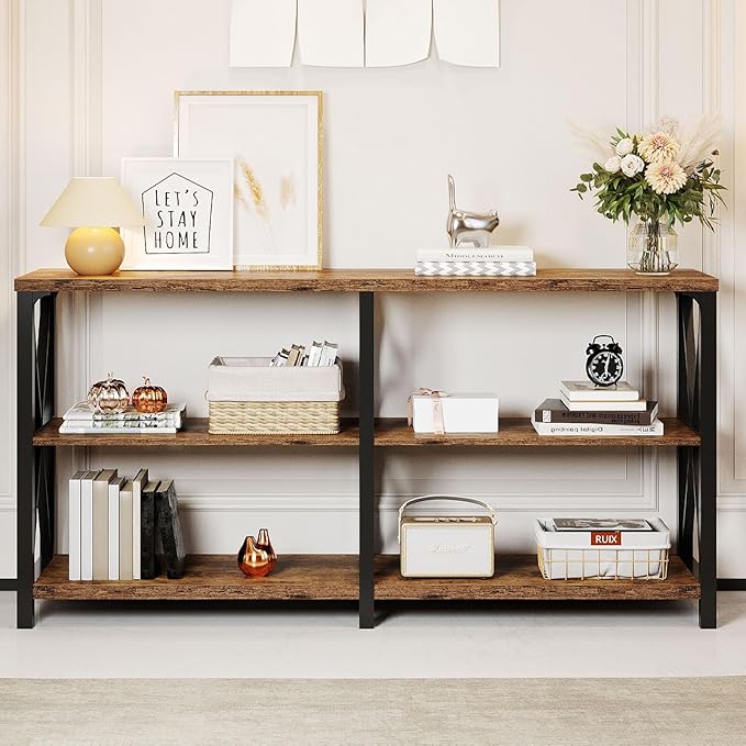 LVB Wood Console Table, Rustic 3 Tier Sofa Table Behind Couch, Industrial Metal