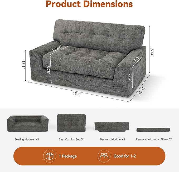 MONVANE 55.5" Convertible Loveseat Sofa, 2-in-1 Boneless Sleeper Sofa Bed Futon