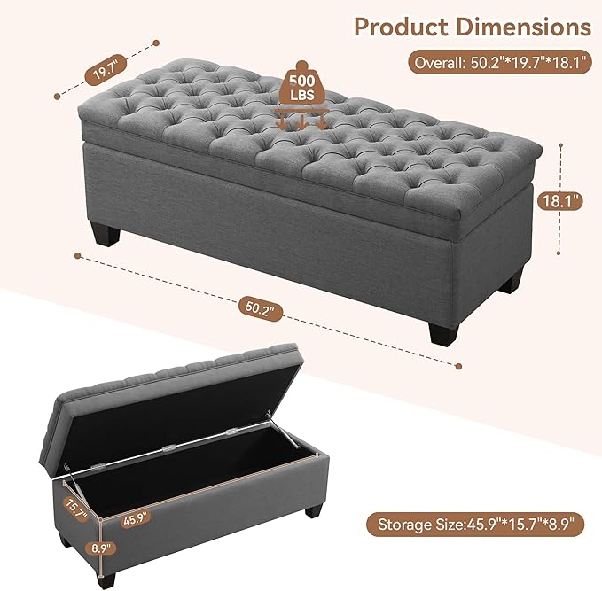 WUTUTUEE 51" Fabric Storage Ottoman Bench, Upholstered Rectangle End of Bed