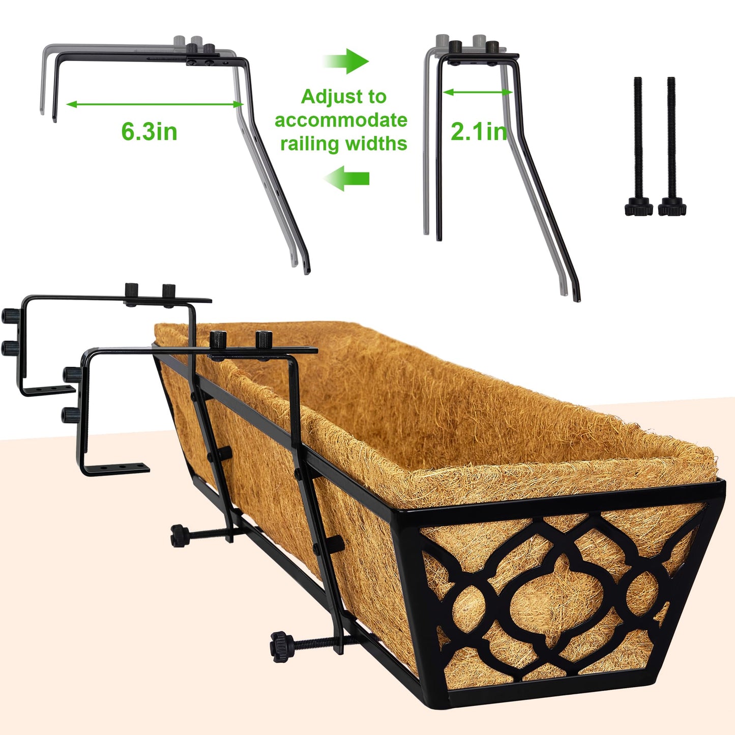 Y&M 36 Inch Window Deck Planter with Coco Liner, Metal Hanging Flower Boxes for Fence, Railing, Balcony, and Outdoor Garden Lawn – 2pcs