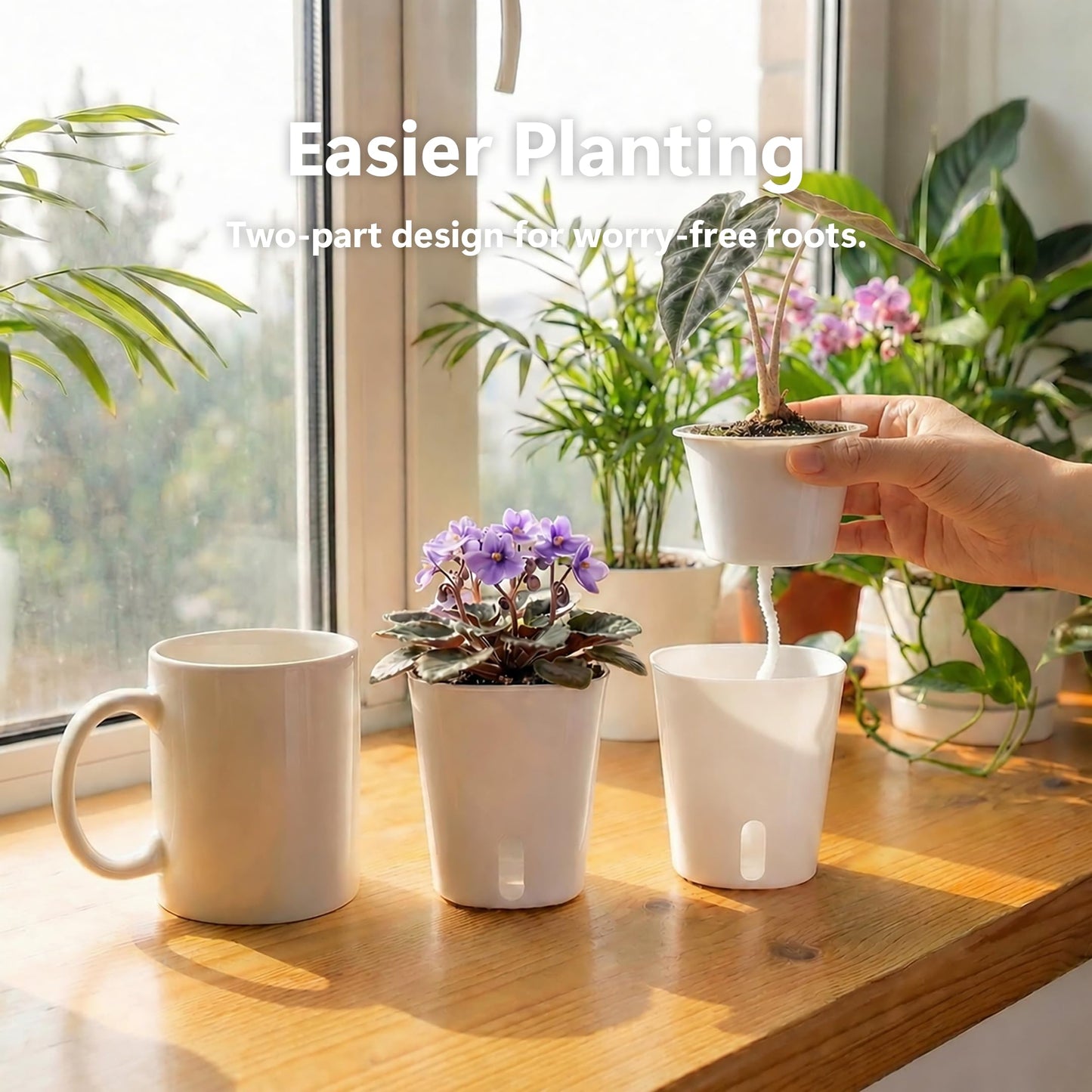 FYRIXONE 10 Pack 3 Inch Self Watering Pots for Indoor Plants, White Plastic Planters with Water Level Indicator, Drainage Holes & Wick, Small Plant Pots for Cuttings, Seedlings, Herbs, African Violets