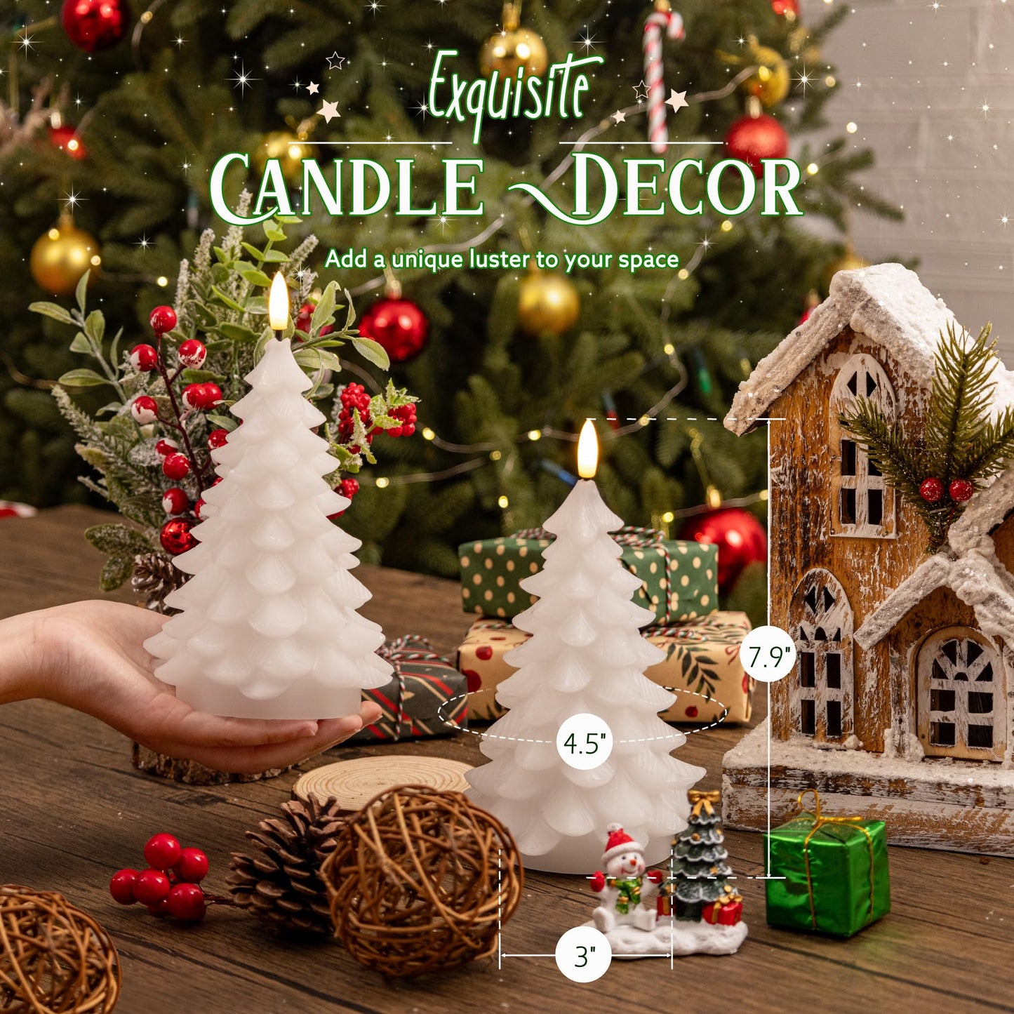 AFINETH Christmas Tree Candles with Remote, 2 Pack White Flameless Candles Battery Operated, Real Wax Flickering Christmas Led Candle Decorations for Winter Home Holiday Xmas Gift