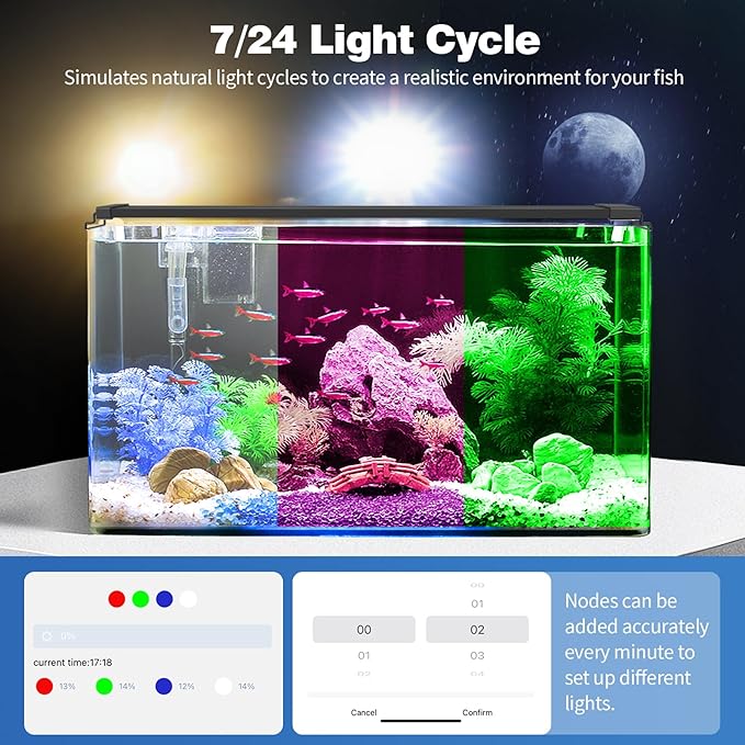 Bluetooth LED Aquarium Light with APP Control, 3 Modes for 18-24 Inch Fish Tank Light with Full Spectrum White Blue Red Green Lights, IP68 Waterproof with Extendable Brackets for Freshwater
