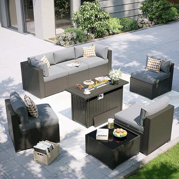 Aoxun Patio Furniture Set with Fire Pit Table, 8 Piece Outdoor Sectional Sofas