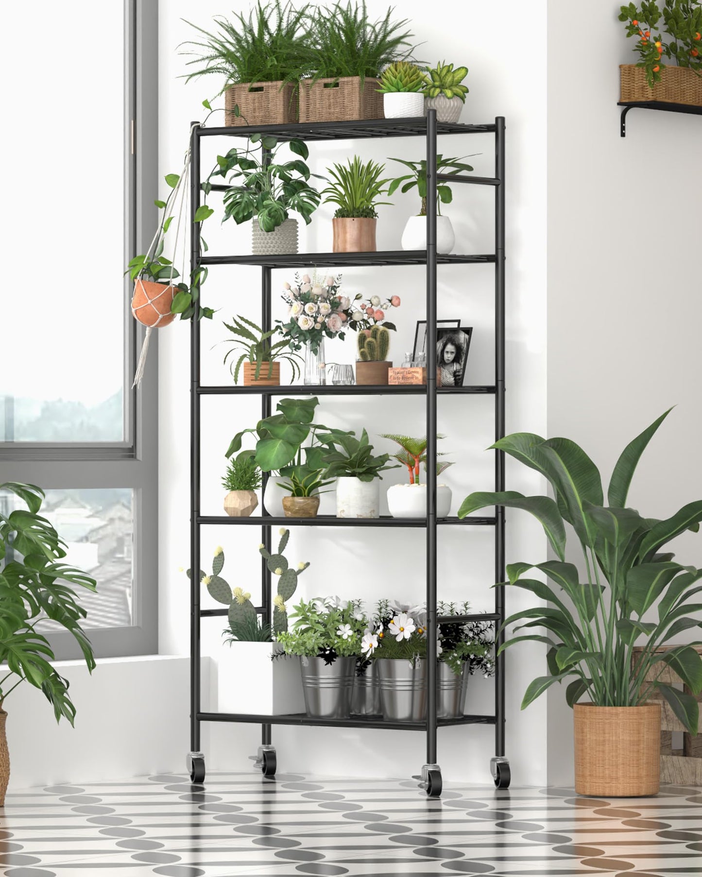 Sakugi Storage Shelves Organizer - 5 Tier Metal Shelf Organizer with Metal Wheels and Adjustable Leveling Feet, Heavy Duty Garage Shelving for Kitchen, Pantry and Closet, 33.1"x12.6"x73.5", Black