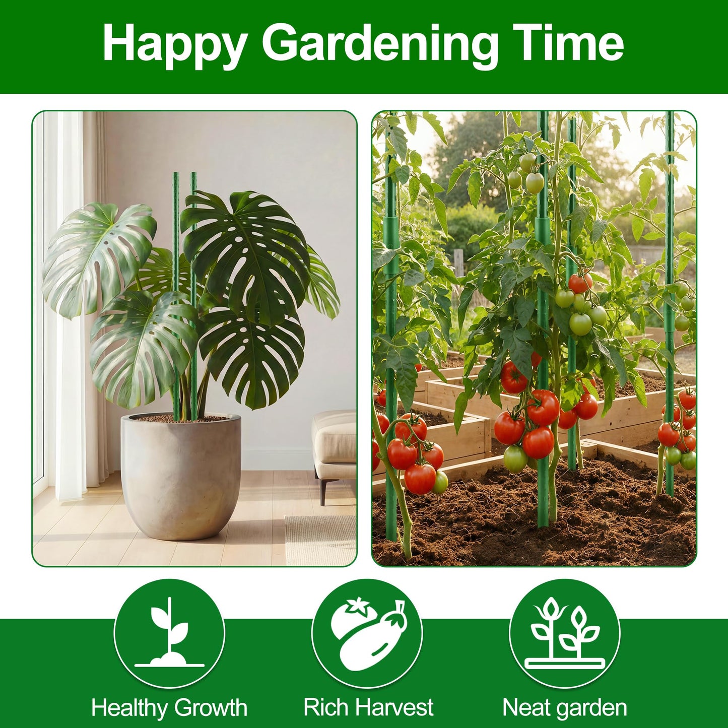 WAENLIR Garden Stakes16 Inch 72 Pack, Tomato cage DIY 4ft 5ft 6ft 7ft 8ft Plant Support Stakes with Connectors and Clips, Plastic Coated Metal Sticks for Tomato Indoor Outdoor
