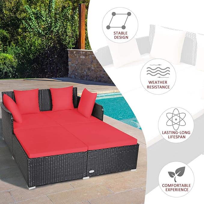 COSTWAY Outdoor Patio Rattan Daybed, Sponge Cushioned Loveseat Sofa
