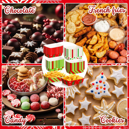 Dunzoom 24 Pcs Christmas Paper Food Trays Plates Disposable Christmas Movie Snack Trays Santa Elf Snowman Red Green Plates Nacho Hot Dog Serving Boat for Xmas Party Supplies Decoration (Style 2)
