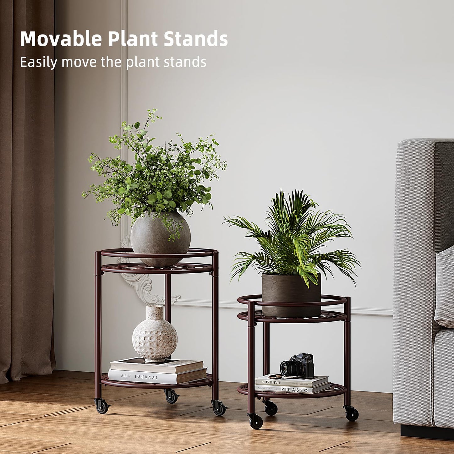 Rioneta Rolling Plant Stand with Wheels – 2 Tier Flower Pot Holder for Indoor & Outdoor, Easy Move Cart for Balcony, Patio, Garden, 165 lbs Capacity Coffee