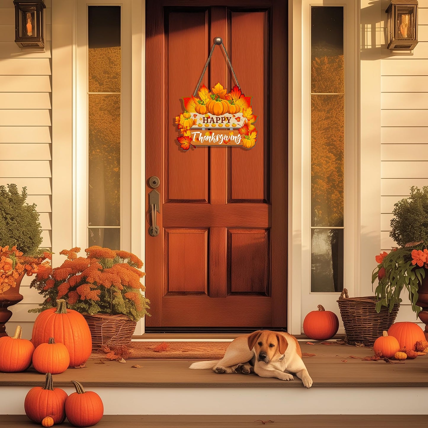 Thanksgiving Pumpkin Door Sign - Rustic Wall Art Plaque for Front Door, Home Office Decoration - Hanging Holiday Decor, 13.8x11 Inch