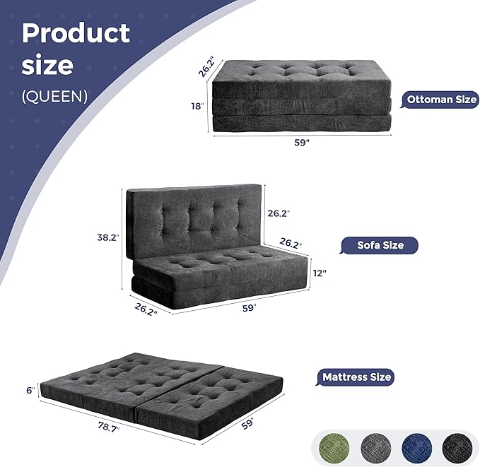 MAXYOYO 6" Folding Sofa Bed for Floor, Tufted Tri-Fold Floor Mattress