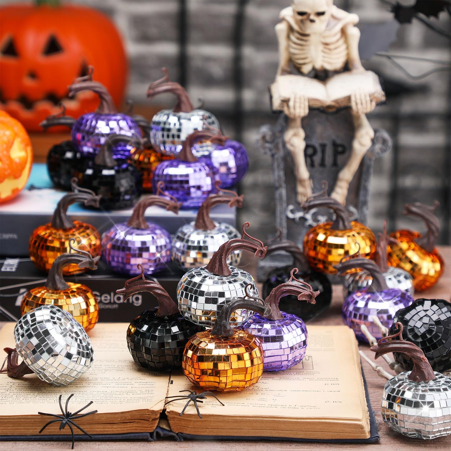 Silipull 24 Pcs Artificial Disco Pumpkin Glitter Mirror Pumpkin Fall Hanging Mini Pumpkins Ornaments for Autumn Halloween Thanksgiving Decoration Table Centerpiece(Black, Silver, Orange, Purple)