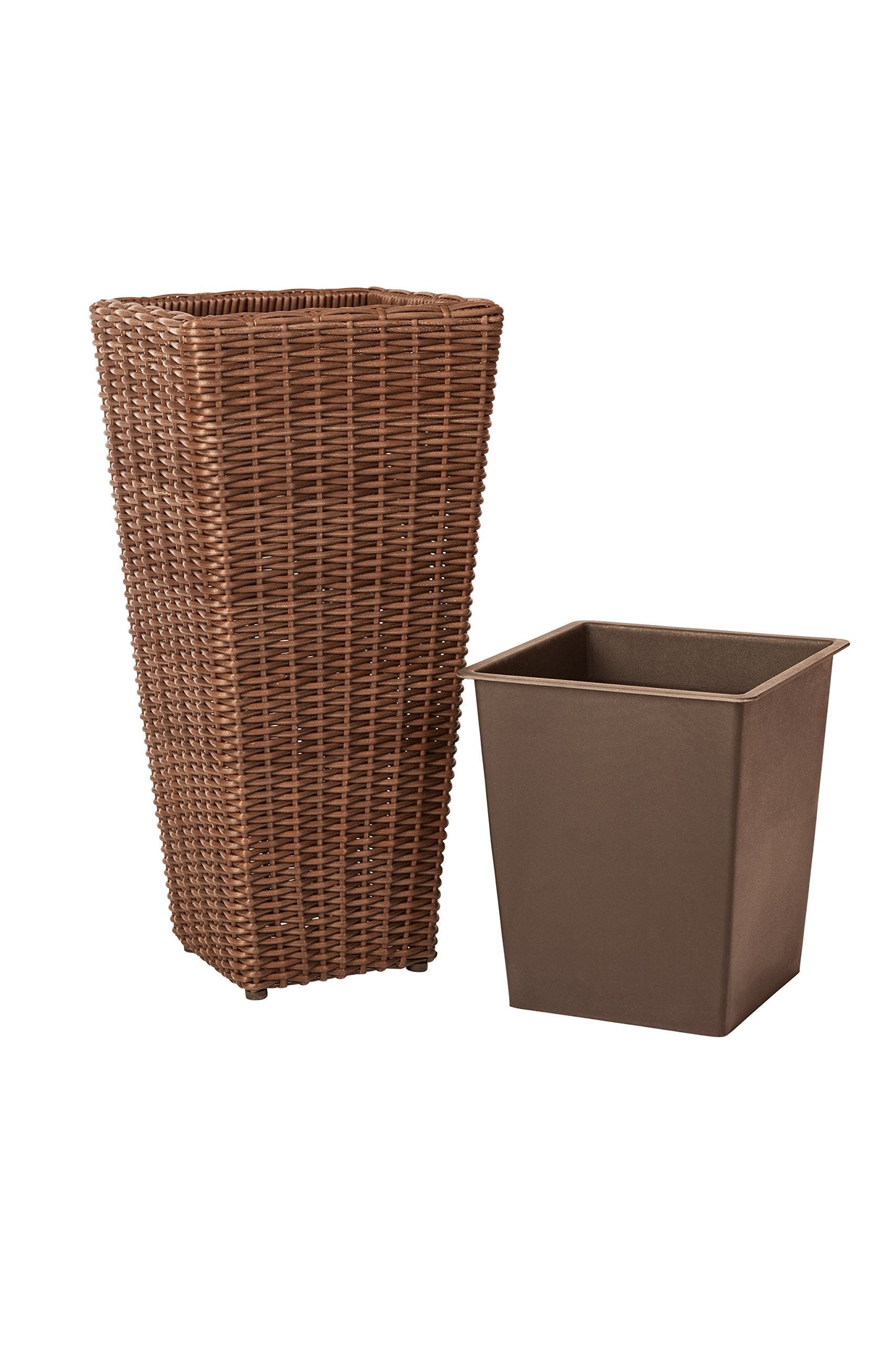 Balkene Home 62501 Alto Wicker All-Weather Planter Set with Liners Tall Plant Decor Box for Outdoors Patio Herb Garden Furnishings - Mocha - Pack of 2