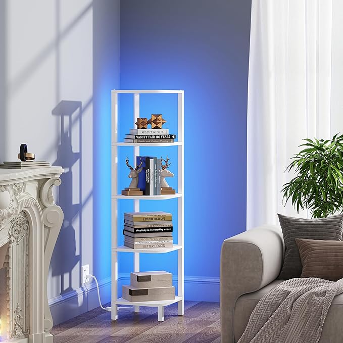 TUTOTAK Corner Shelf with LED Light, 5-Tier Corner Bookshelf