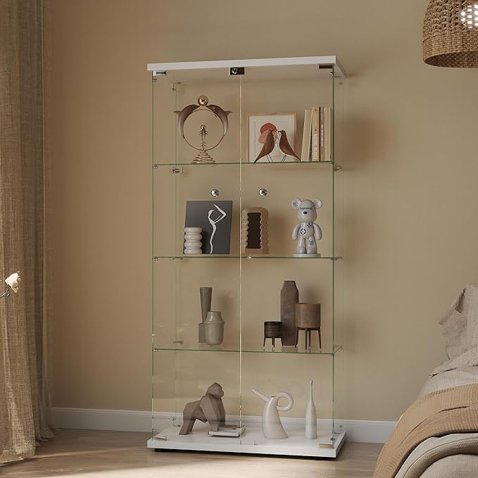 Display Cabinet with Glass Door and Lock, 4-Shelf Curio Cabinets with 5mm