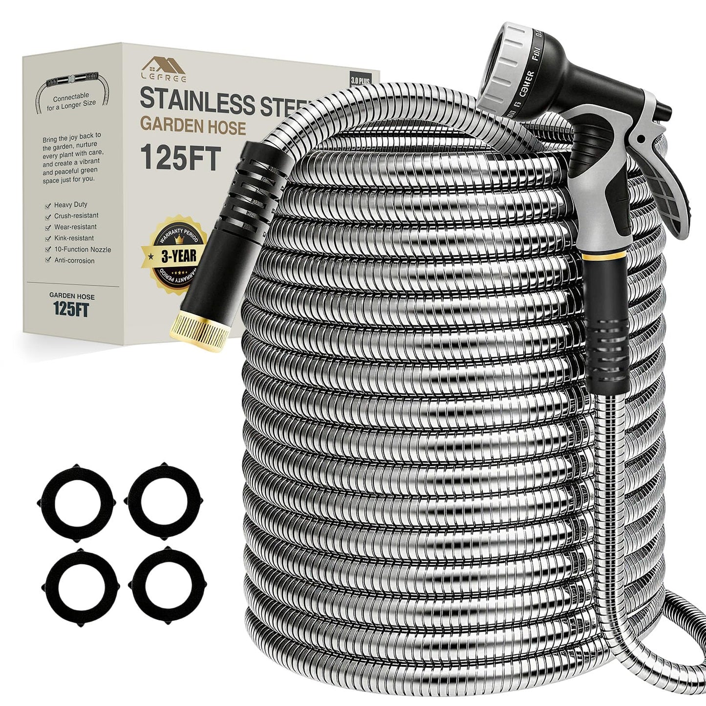 Lefree 125ft Stainless Steel Garden Hose - No-Kink Leak-Proof Crush Resistant, Dog Chew Proof with Upgraded Protective Rubber Sleeve, 10-Function Nozzle for Large Yard, Gardening, RV, Pet Bath