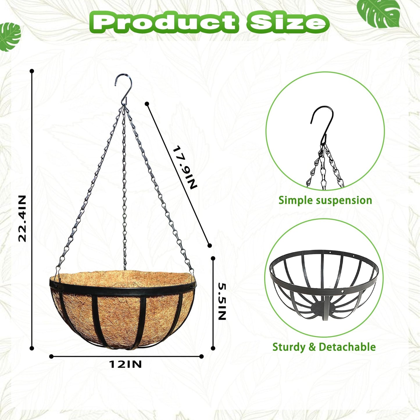 Qusuxi 2 Pack 12 Inch Metal Outdoor Hanging Baskets Black Heavy Duty Hanging Planters with Coco Liners for Indoor Outdoor Plants Gardens Patios Terraces（Flat Iron）
