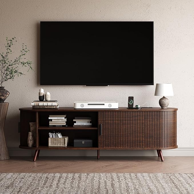 63 inch TV Stand with Power Outlet, Fluted Entertainment Center
