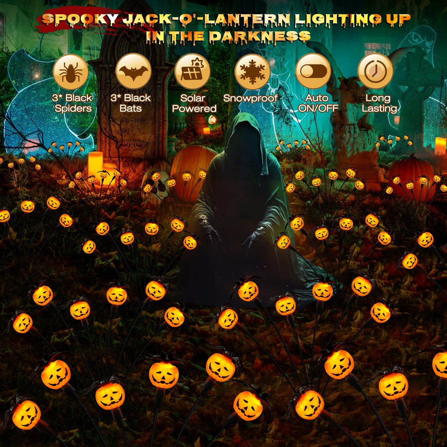 Weepong Halloween Decorations Outdoor 2 Pack Solar Lights, 12 LED Scary Pumpkin Swaying Firefly Lights with Spider & Bats for Outside Garden Yard Lawn Grave Cemetery Ghost Decor Party, Orange
