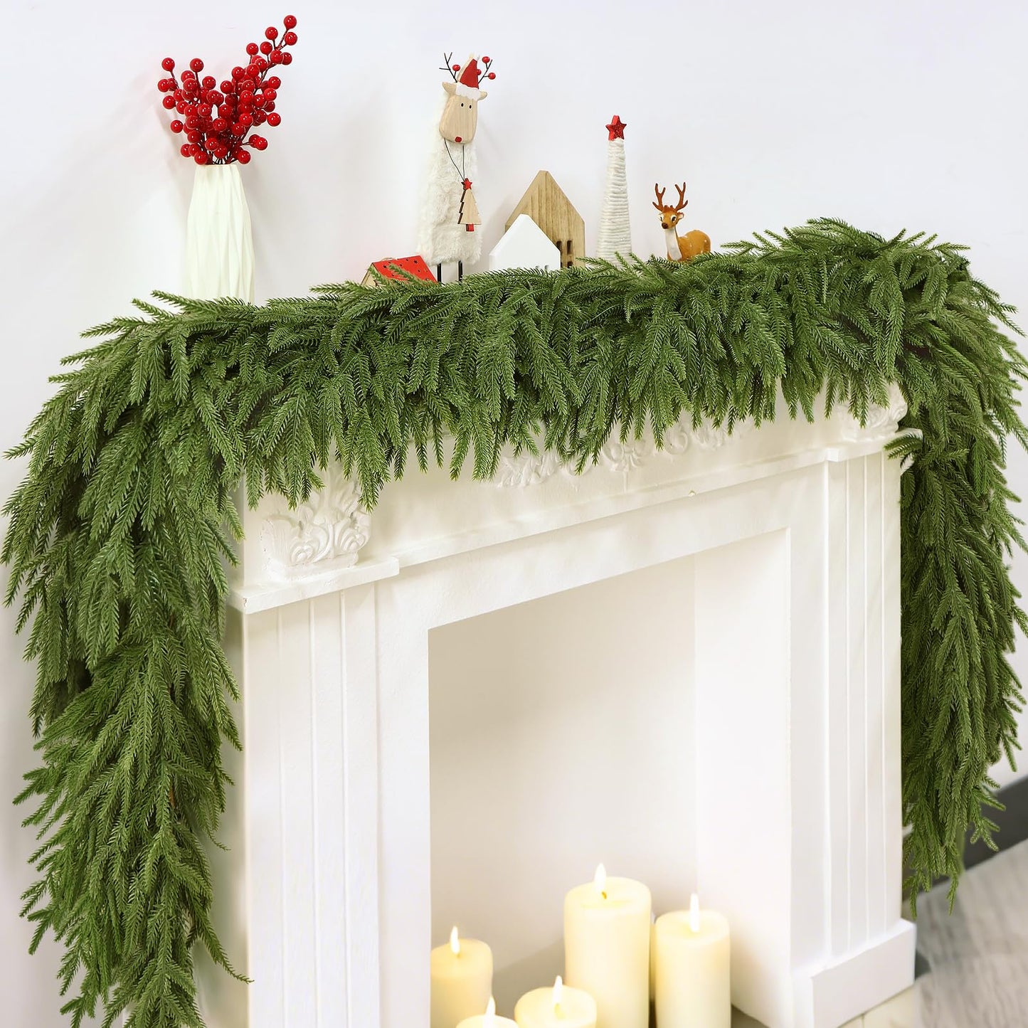 2 PCS 6FT Artificial Norfolk Pine Garlands - Real Touch Winter Pine Garland, Green Artificial Greenery Garland for Mantle, Table, Wall, Indoor & Outdoor Fireplace Christmas Decorations