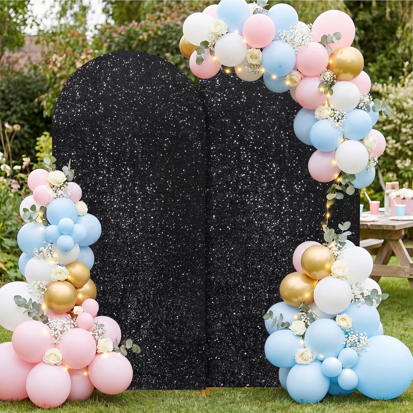 Wedding Arch Cover Set of 2 Glitter Sequin Fitted Arch Stand Covers for Halloween Party Bridal Shower Photo Balloon Arch Covers (7.2FT, 6FT, Black)