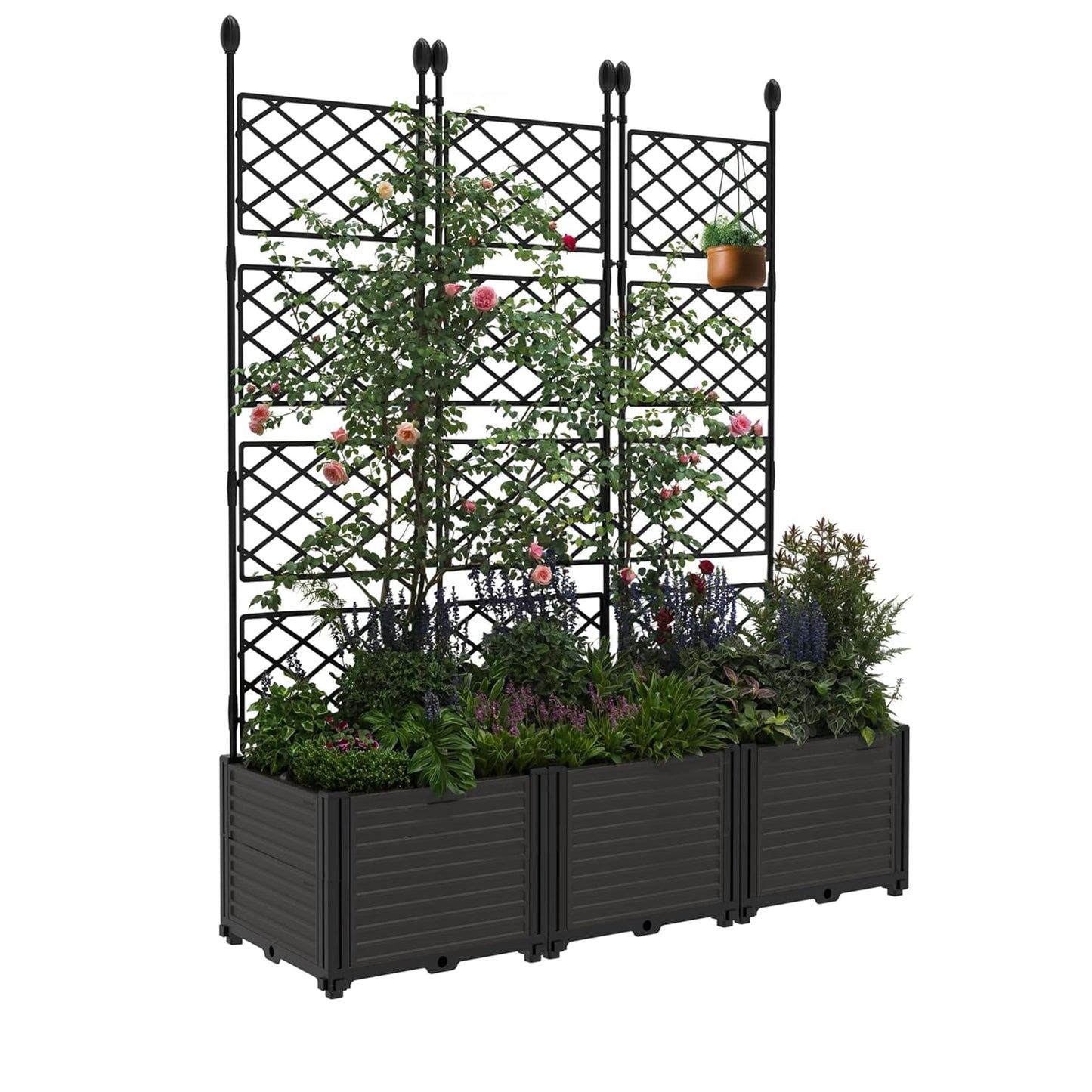 BouPower 3pcs Raised Garden Bed with Trellis, 63" h Tall Vertical Planter Box for Climbing Plants, Outdoor Garden Planter Box with Drainage Holes & Privacy Screen for Patio Balcony, Black