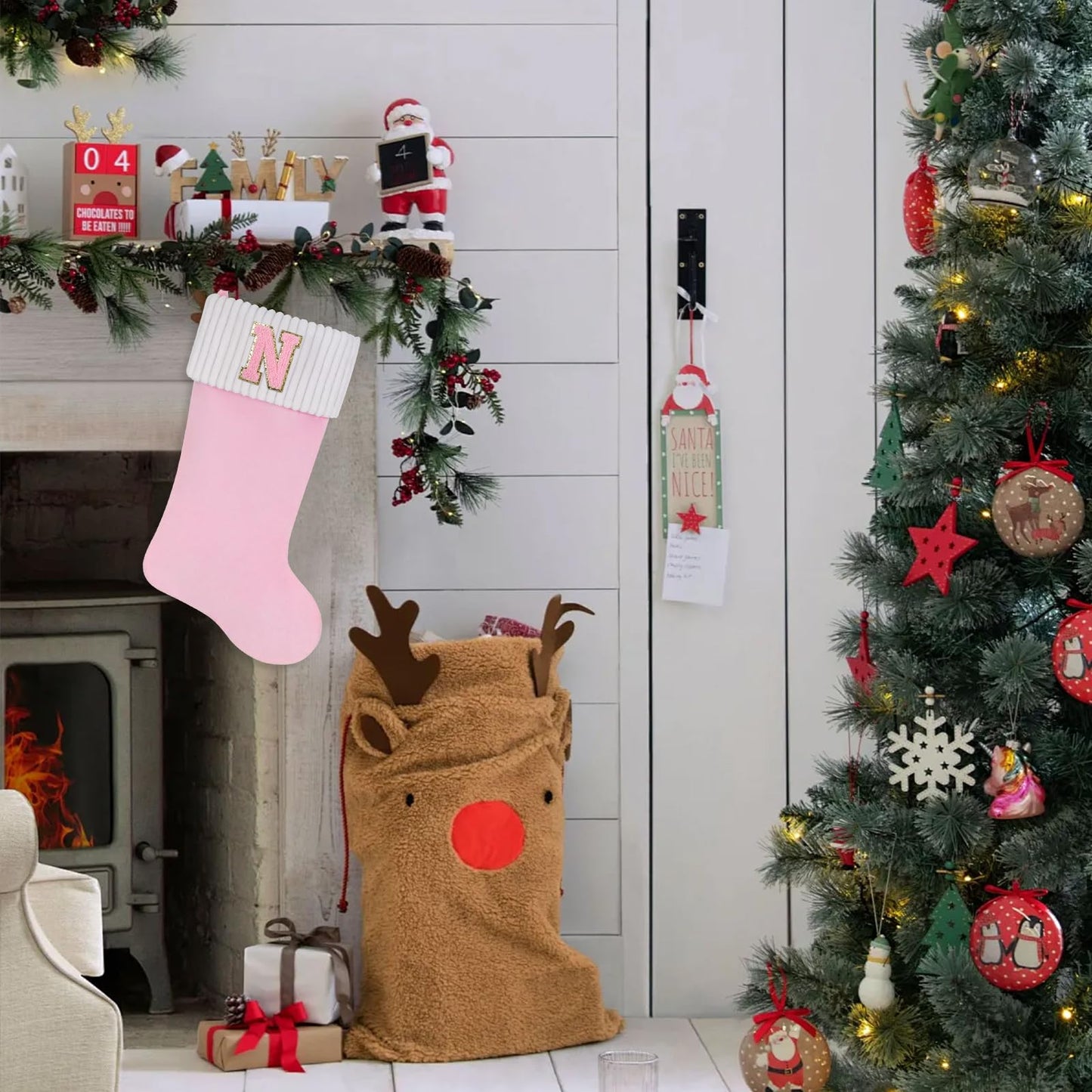 Shgngle 20 Inches Letter Embroidered Christmas Stocking,Personalized Pink Velvet Christmas Stocking,Family Holiday Decorations and Xmas Gift(H)