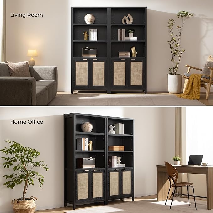 SICOTAS Bookcase 71" Tall Bookshelf 5 Tier Rattan Boho Bookcase