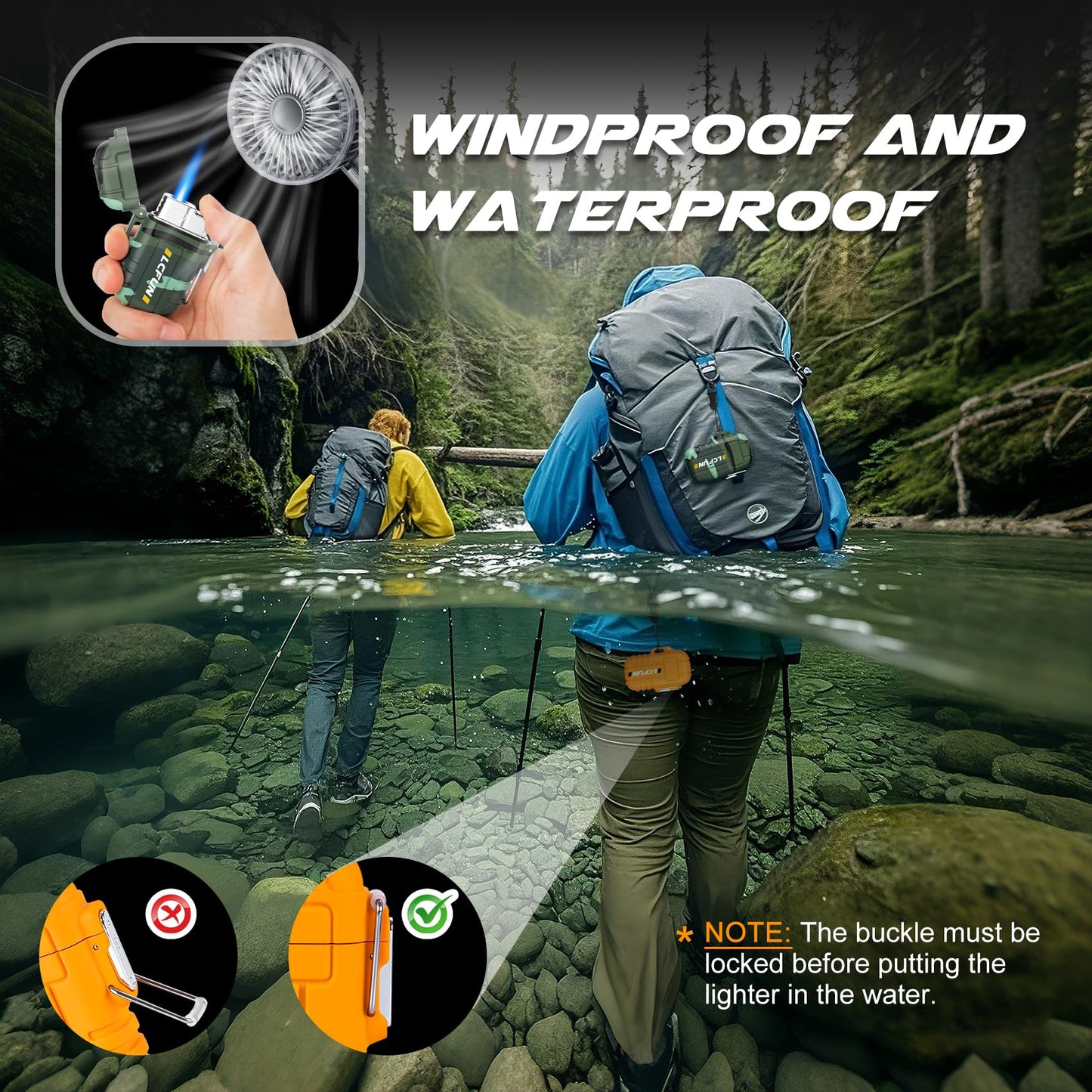 LcFun 2 Pack Waterproof Outdoor Lighter, Windproof Torch Lighters Butane Refillable, Electric Dual Arc Plasma Lighter USB Rechargeable, Tactical Survival Gear Gadgets for Men for Camping, Hiking