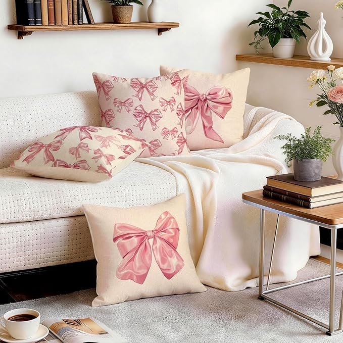 OBSEDE Cute Pink Bow Decorative Throw Pillow Covers 18 × 18 in, Couch Cushion