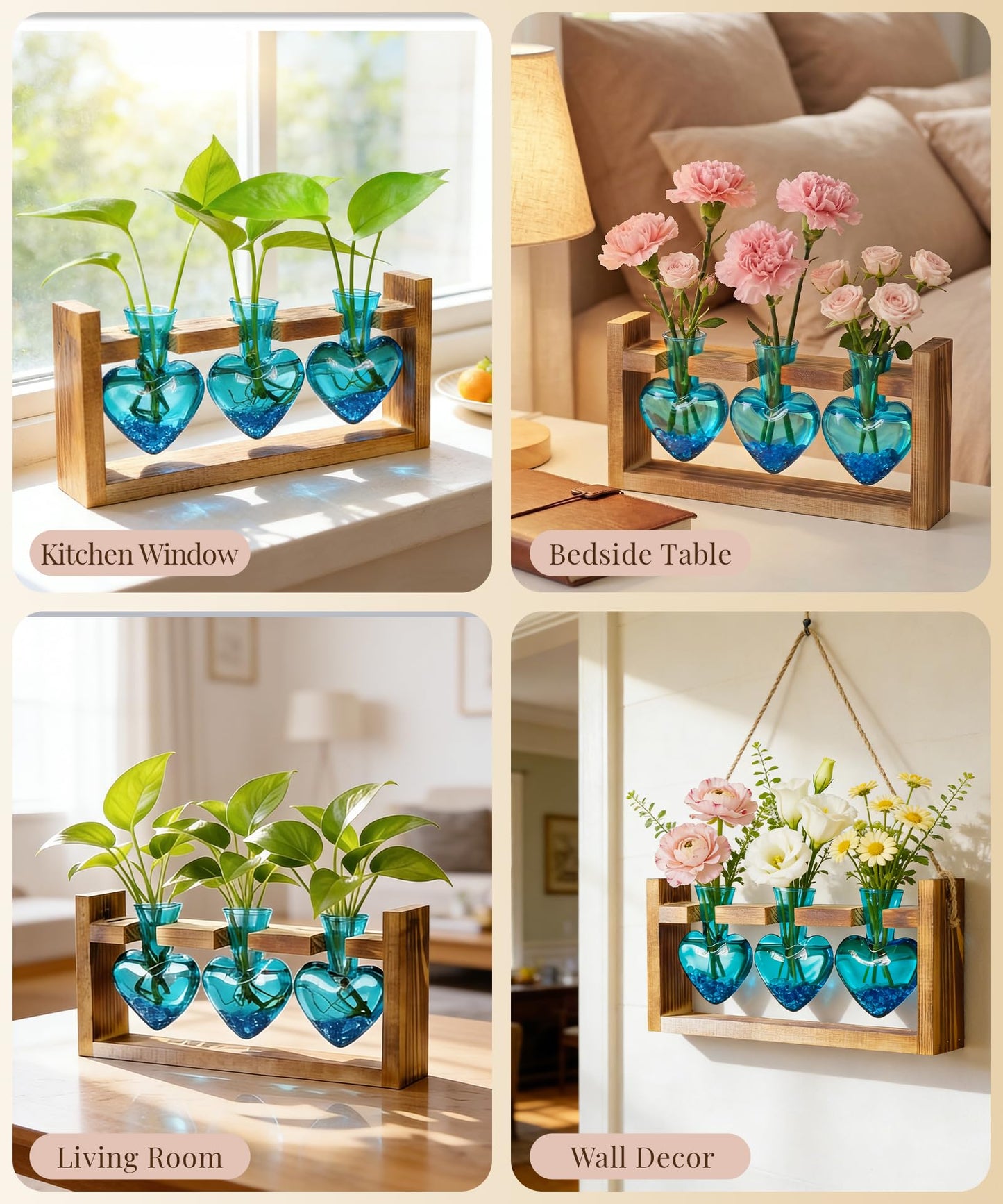 Nacome Plant Terrarium Propagation Stations: Mothers Day Gifts for Mom Plant Lovers Women Wife Daughter - 3 Bulb Glass Vases with Wooden Stand Tabletop for Hydroponics Home Garden Decor