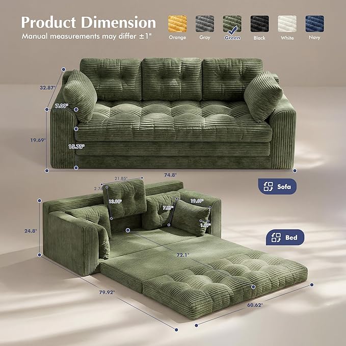 Homkdom 3 Seater Convertible Folding Sofa Bed, Pull Out Sleeper Sofa