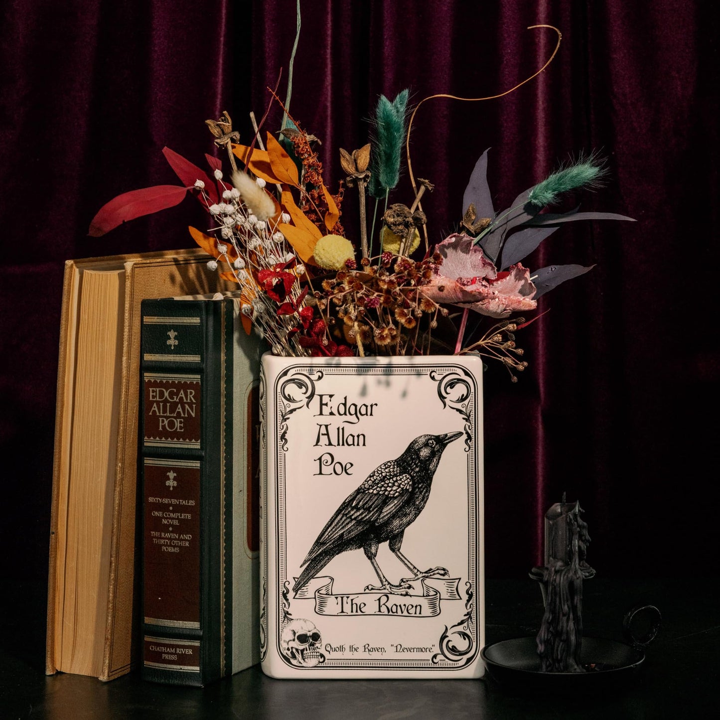 Steel Mill & Co Original Large Book-Shaped Decorative Vase, Ceramic Vases for Home Decor, Gothic Bookshelf Decor, Unique Vase for Book Lovers (The Raven - White)