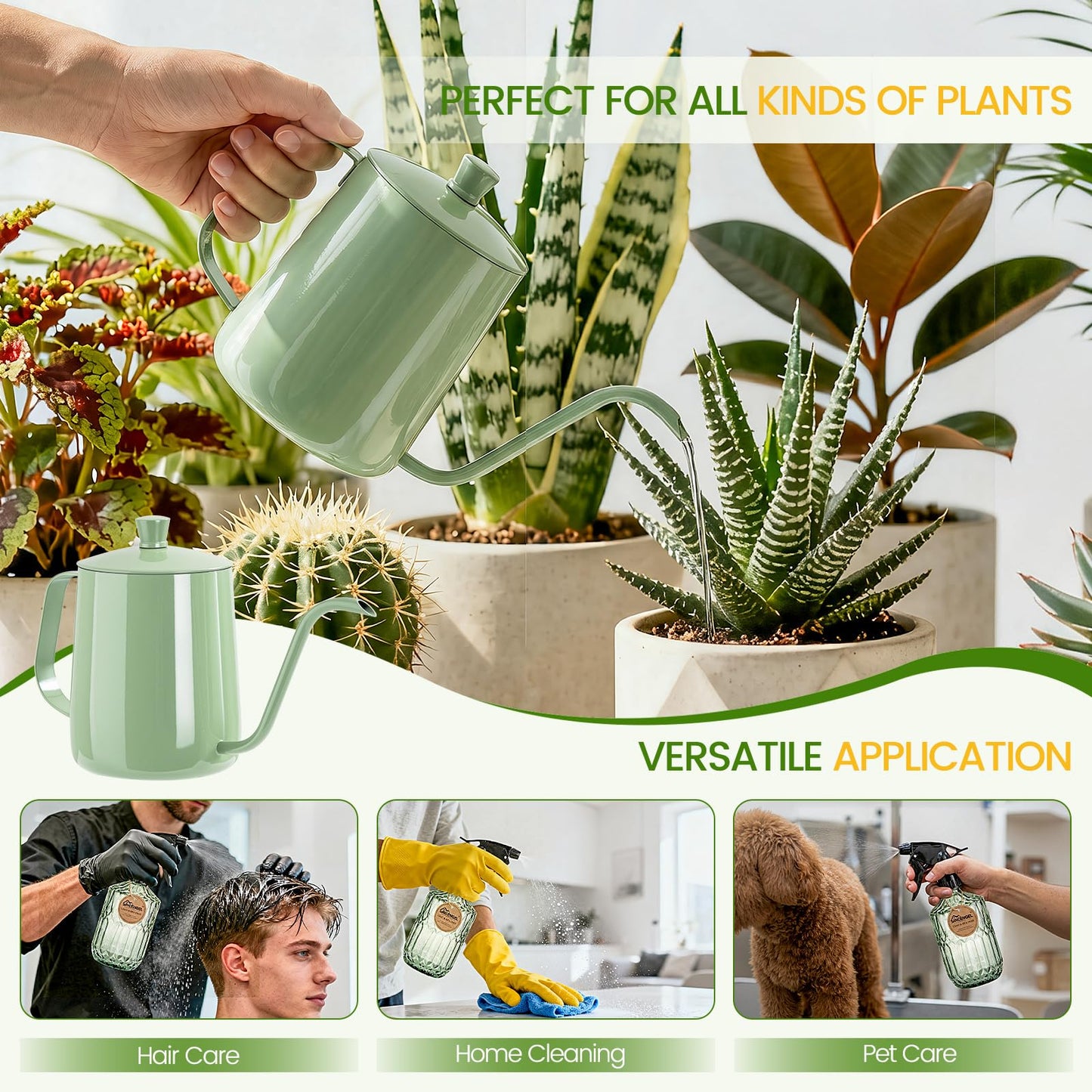 Sincengel Watering Can for Indoor Plants, 20 oz Metal Small Plant Watering Can with Long Spout for House Plants, 13.5 oz Glass Plant Mister Spray Bottle for Bonsai Garden Flowers Decorative (Green)