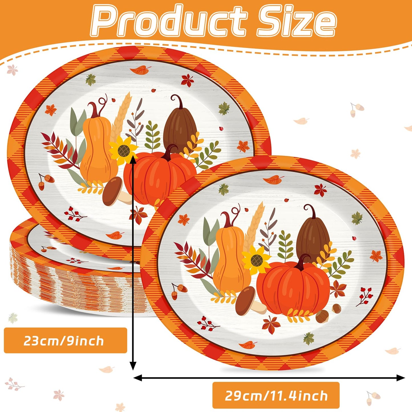 QOUBAI 50Pcs Thanksgiving Fall Oval Plates 11 Inch Large Autumn Pumpkin Maple Leaves Disposable Paper Plate Orange Plaid Platter Dish Tray Tableware Dinnerware Fall Harvest Party Decoration Supplies