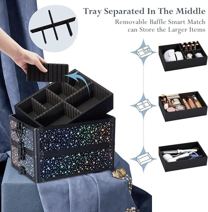 Stagiant Rolling Makeup Case Cosmetology Case on Wheels 4 in 1 Large Makeup Travel Case Nail Kits Organizer Train Case with Key Make Up Artist Salon Storage Traveling Cart Trunk Black Star