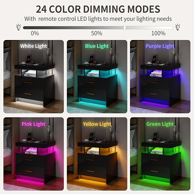 Smart Night Stand with Charging Station, Modern Black Nightstand with 24 Color