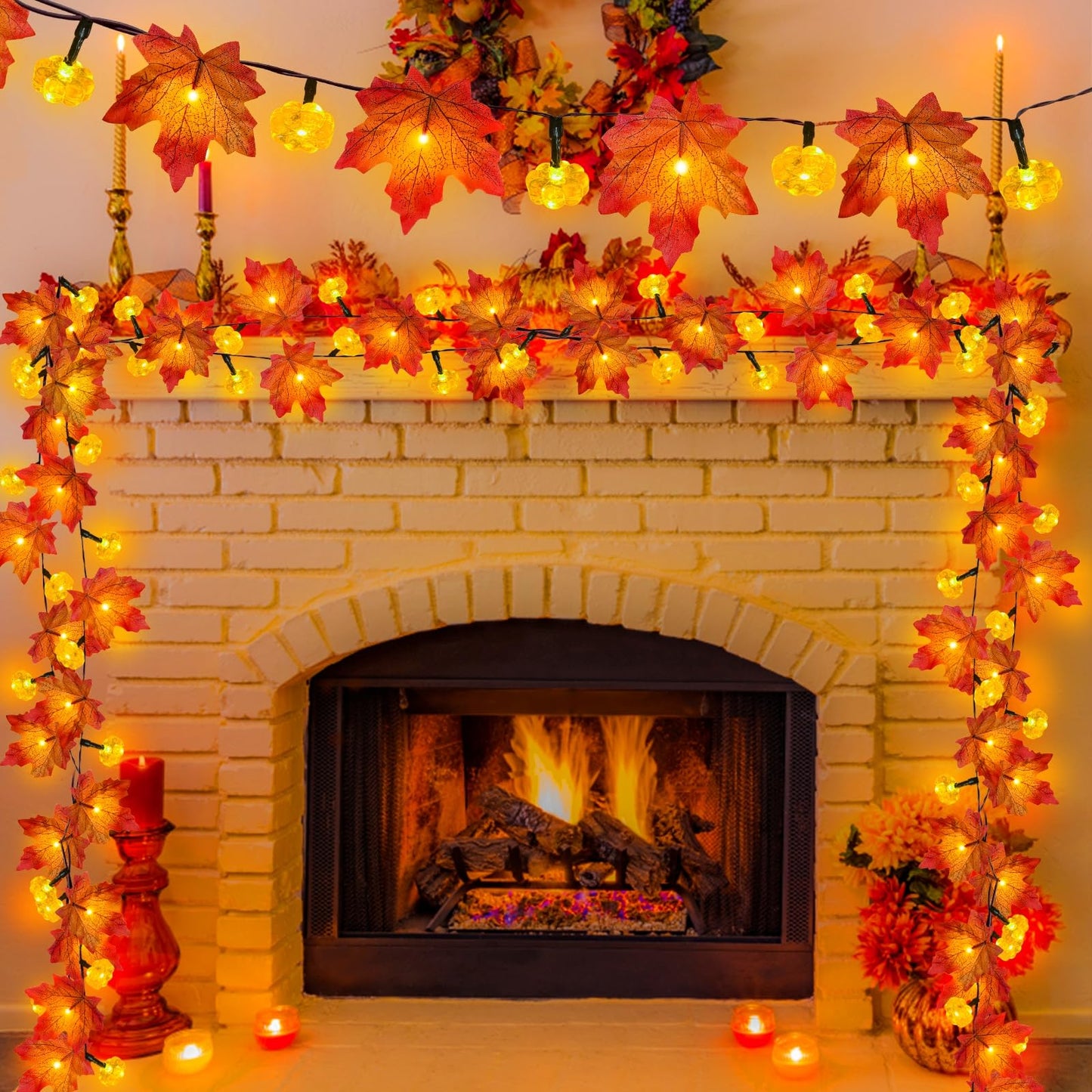 3 Pack & Timer Fall Decor Fall Garland with Pumpkin Lights Fall Decorations for Home, 30Ft 60LED Patented Enlarged Maples Leaves Battery Operated Pumpkin Garland Indoor Outdoor Halloween Decorations