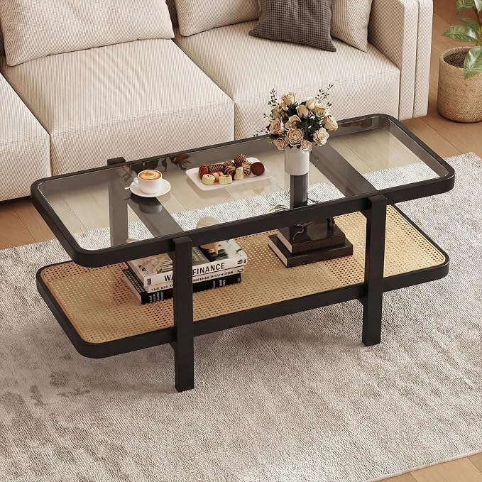 Giantex Rattan Coffee Table, 47.5" Rectangle Solid Wood Tea Table w/Tempered Glass Tabletop, Rattan Storage Shelf, 2-Tier Boho Coffee Tables, Farmhouse Center Table for Living Room (Black)