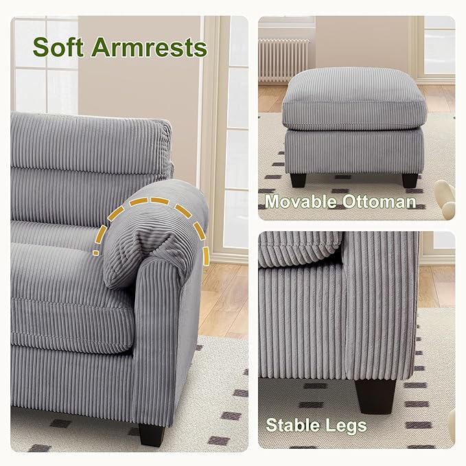 HAOMARKETS Corduroy Sofa Set, Two Upholstered Loveseat, and 3-Seater Couch