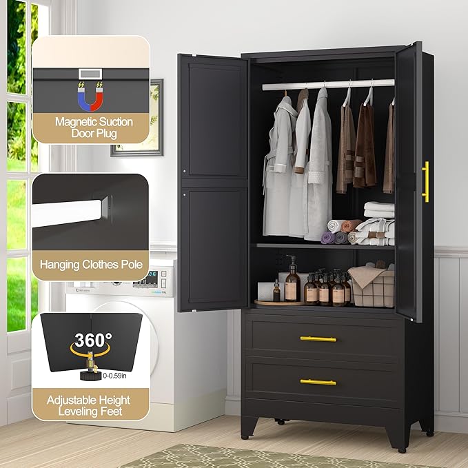GAIOUS Metal Wardrobe Cabinet with 2 Drawers, 71" Clothing Storage Cabinets | with 2 Doors, 1 Adjustable Shelf, Steel Armoire Wardrobe Closet with Hanging Rod for Bedroom, Gym, Cloak Room (Black)